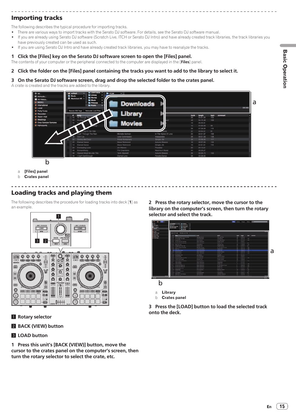 Importing tracks, Loading tracks and playing them | Pioneer DDJ-SR User Manual | Page 15 / 34