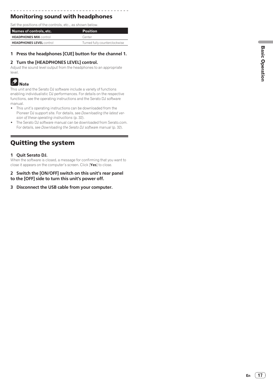 Quitting the system, Monitoring sound with headphones | Pioneer DDJ-SR User Manual | Page 17 / 34