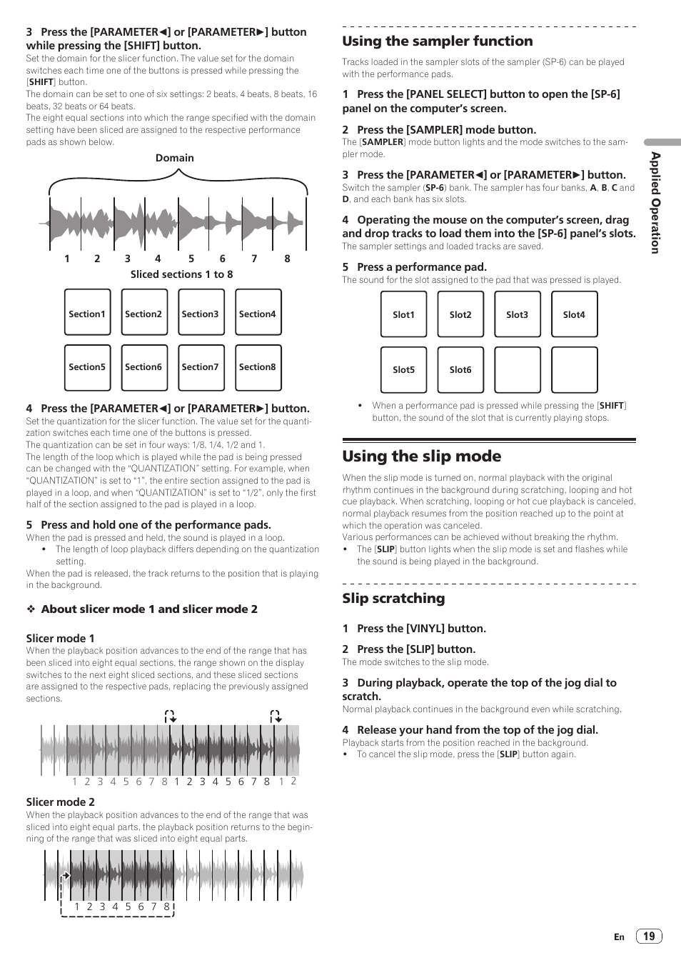 Using the slip mode, Using the sampler function, Slip scratching | Pioneer DDJ-SR User Manual | Page 19 / 34