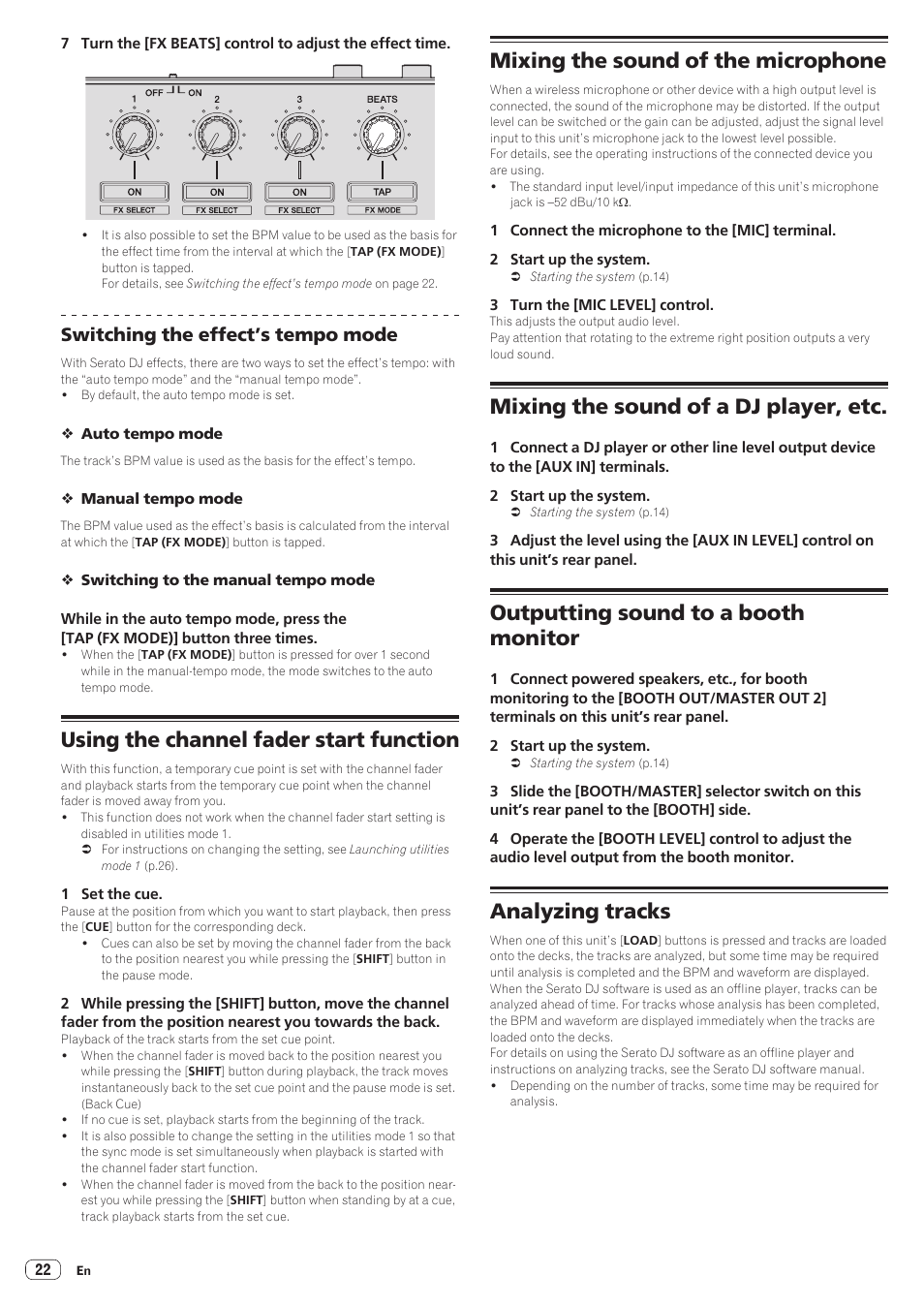 Using the channel fader start function, Mixing the sound of the microphone, Mixing the sound of a dj player, etc | Outputting sound to a booth monitor, Analyzing tracks, Switching the effect’s tempo mode | Pioneer DDJ-SR User Manual | Page 22 / 34