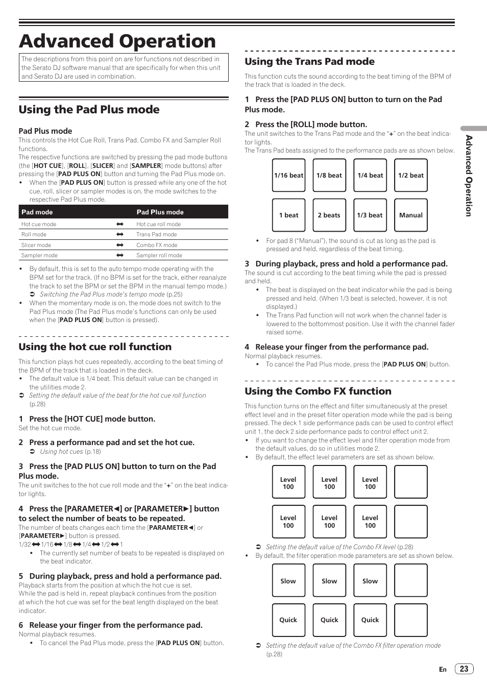 Advanced operation, Using the pad plus mode, Using the hot cue roll function | Using the trans pad mode, Using the combo fx function | Pioneer DDJ-SR User Manual | Page 23 / 34