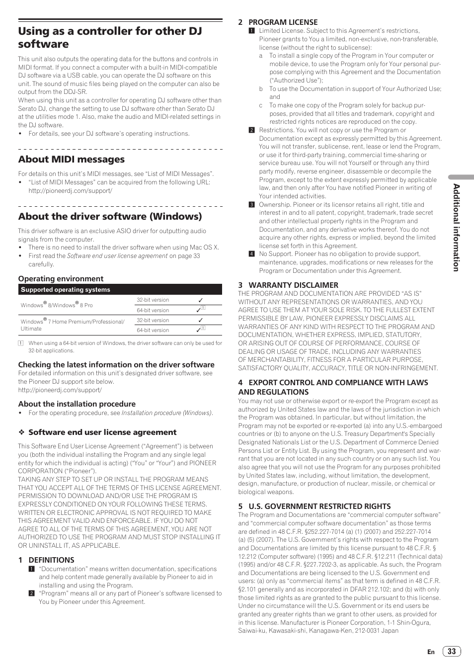 Using as a controller for other dj software, About midi messages, About the driver software (windows) | Pioneer DDJ-SR User Manual | Page 33 / 34