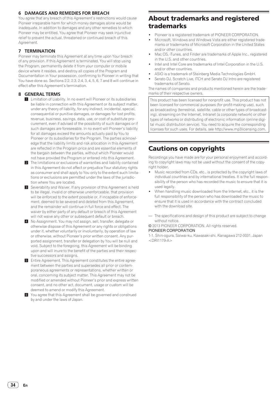 About trademarks and registered trademarks, Cautions on copyrights | Pioneer DDJ-SR User Manual | Page 34 / 34