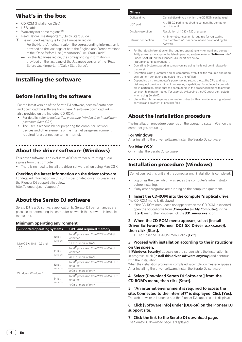 What’s in the box, Installing the software, What’s in the box installing the software | Before installing the software, About the driver software (windows), About the serato dj software, About the installation procedure, Installation procedure (windows) | Pioneer DDJ-SR User Manual | Page 4 / 34