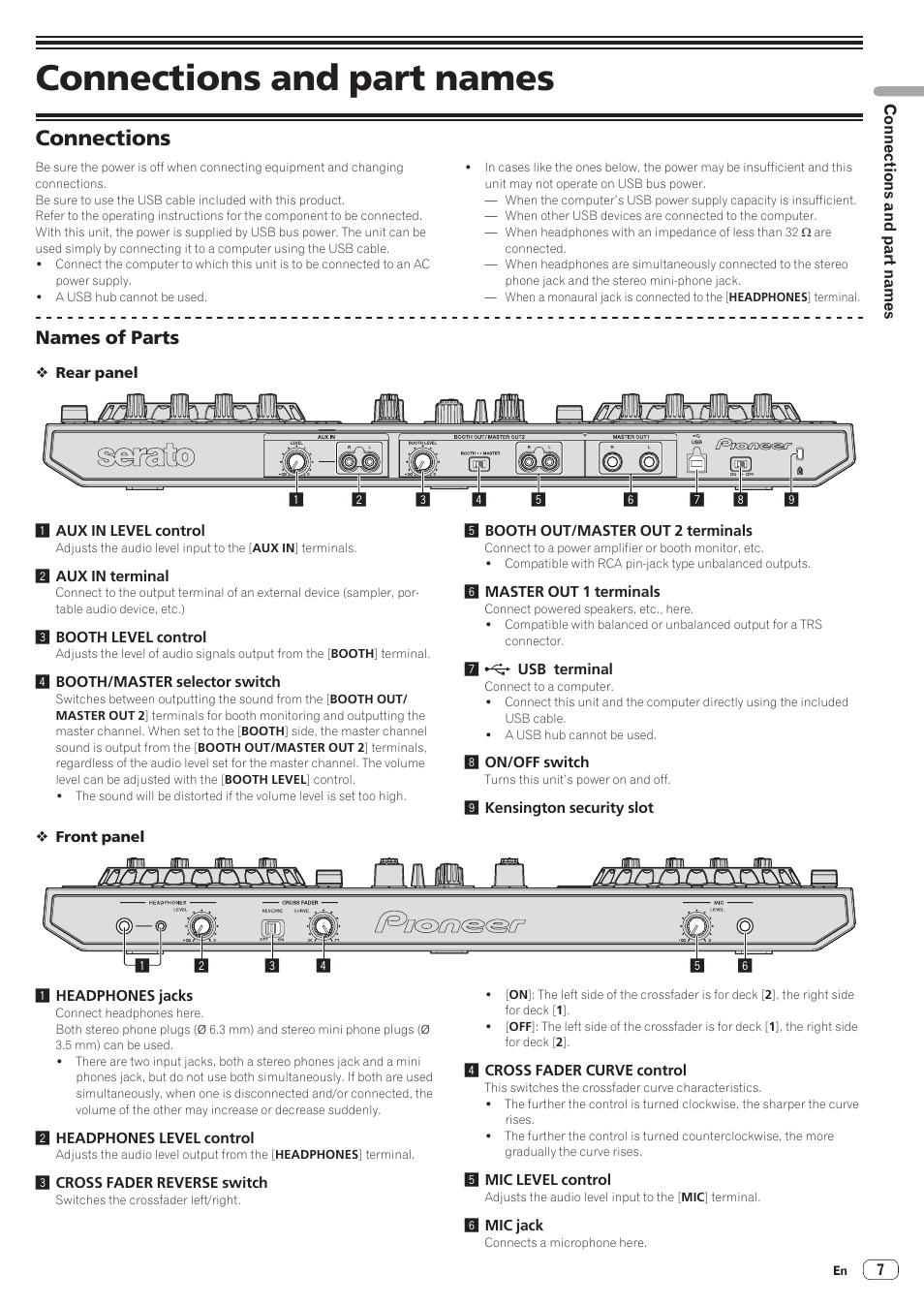 Connections and part names, Connections, Names of parts | Pioneer DDJ-SR User Manual | Page 7 / 34