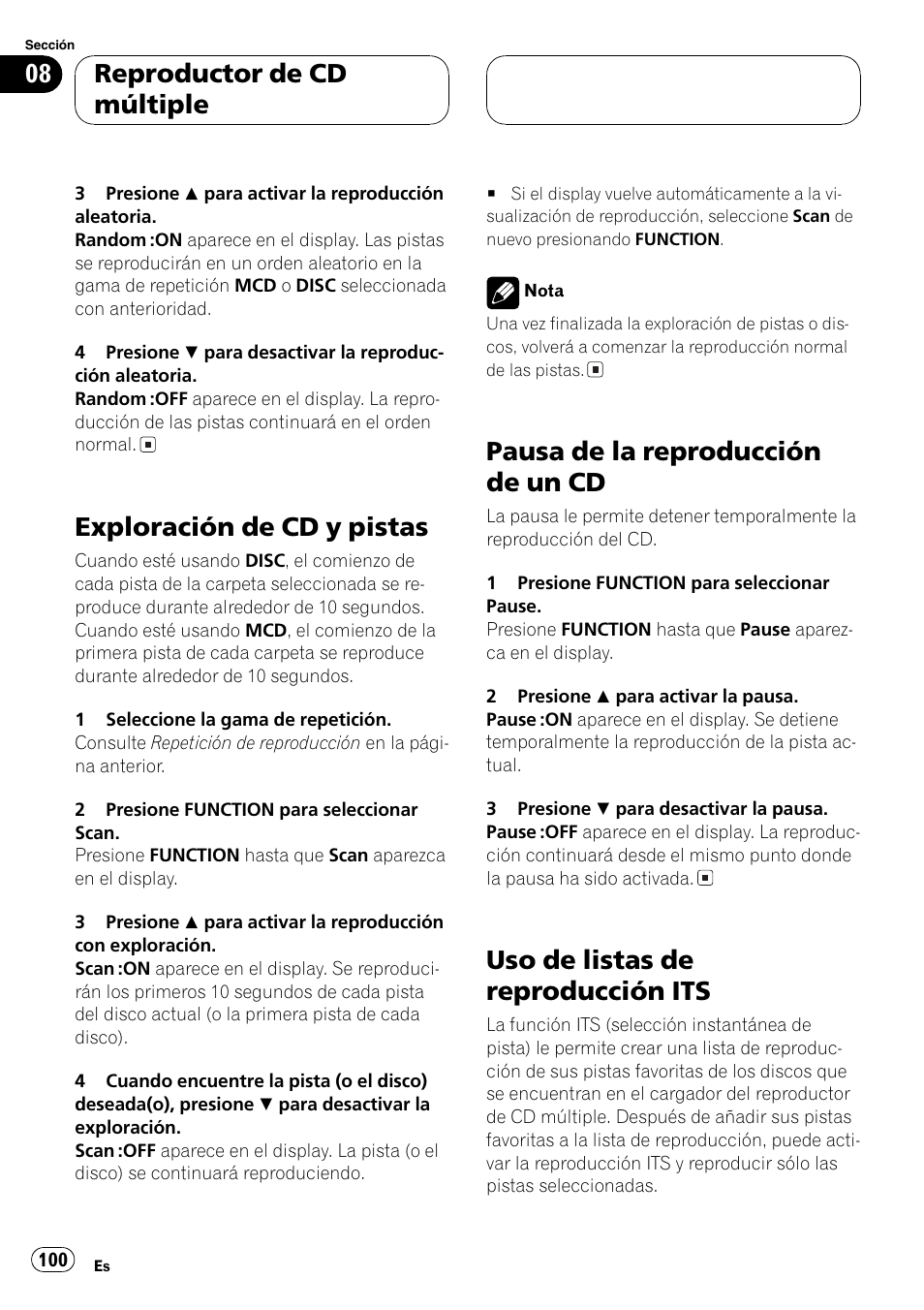 Exploración de cd y pistas 100, Pausa de la reproducción de un cd 100, Uso de listas de reproducción its 100 | Exploración de cd y pistas, Pausa de la reproducción de un cd, Uso de listas de reproducción its, Reproductor de cd múltiple | Pioneer DEH-P7700MP User Manual | Page 100 / 133