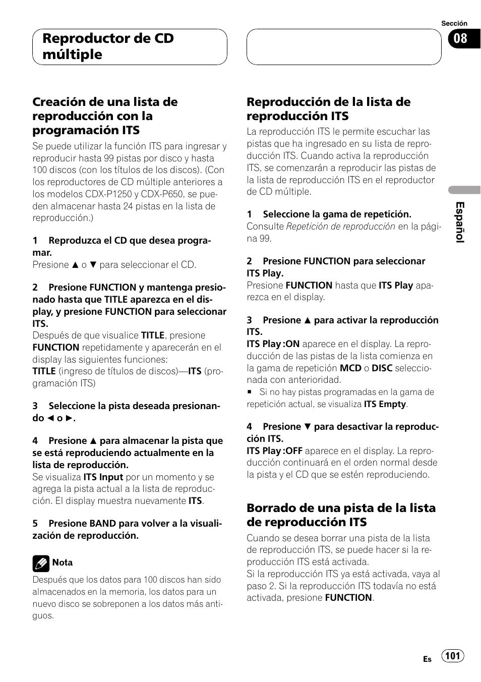 Creación de una lista de reproducción, Con la programación its 101, Reproducción de la lista de | Reproducción its 101, Borrado de una pista de la lista de, Reproductor de cd múltiple | Pioneer DEH-P7700MP User Manual | Page 101 / 133