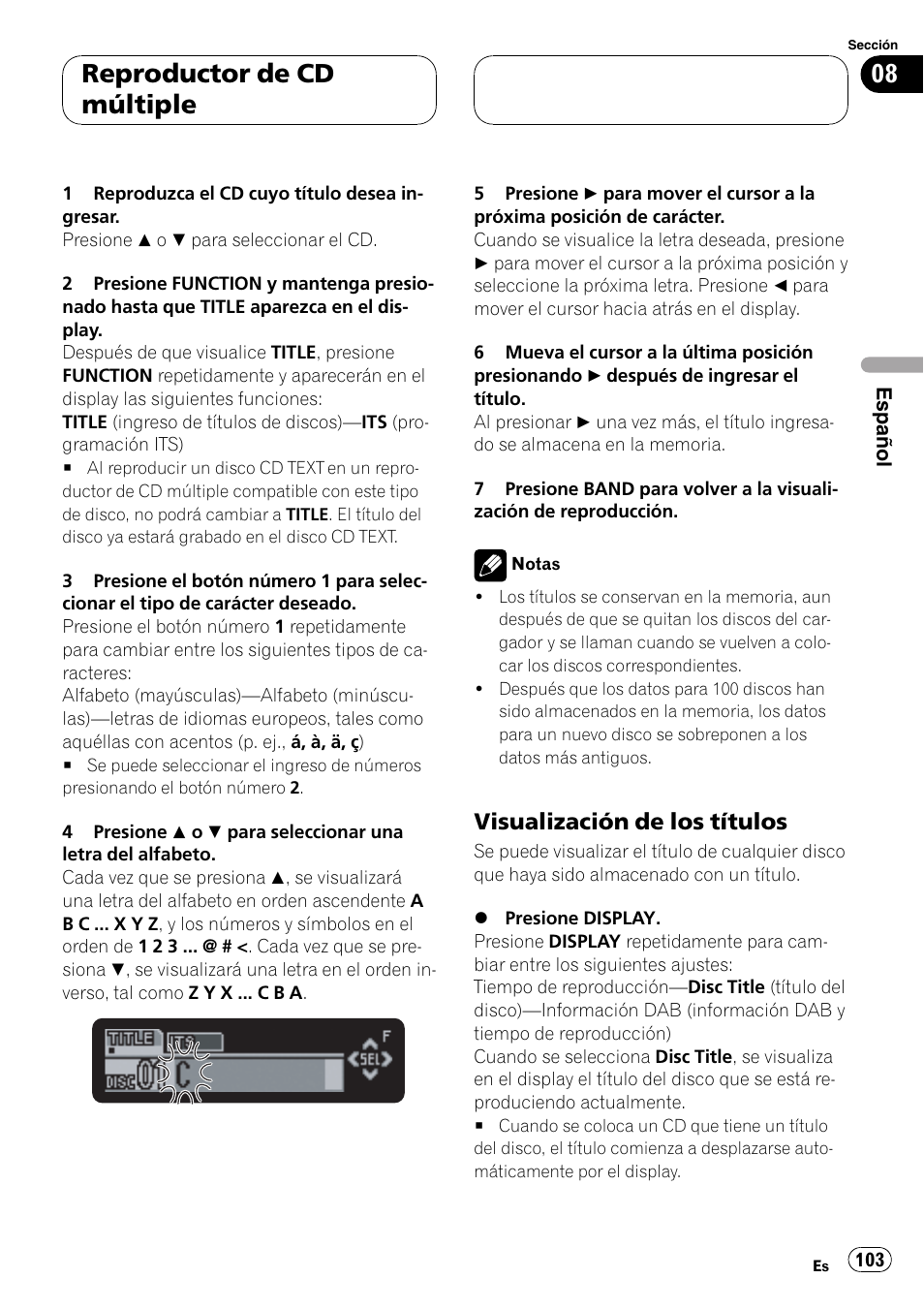 Visualización de los títulos 103, Reproductor de cd múltiple, Visualización de los títulos | Pioneer DEH-P7700MP User Manual | Page 103 / 133