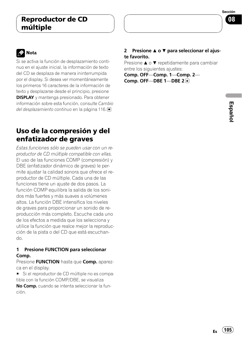 Uso de la compresión y del enfatizador de, Graves 105, Uso de la compresión y del enfatizador de graves | Reproductor de cd múltiple | Pioneer DEH-P7700MP User Manual | Page 105 / 133