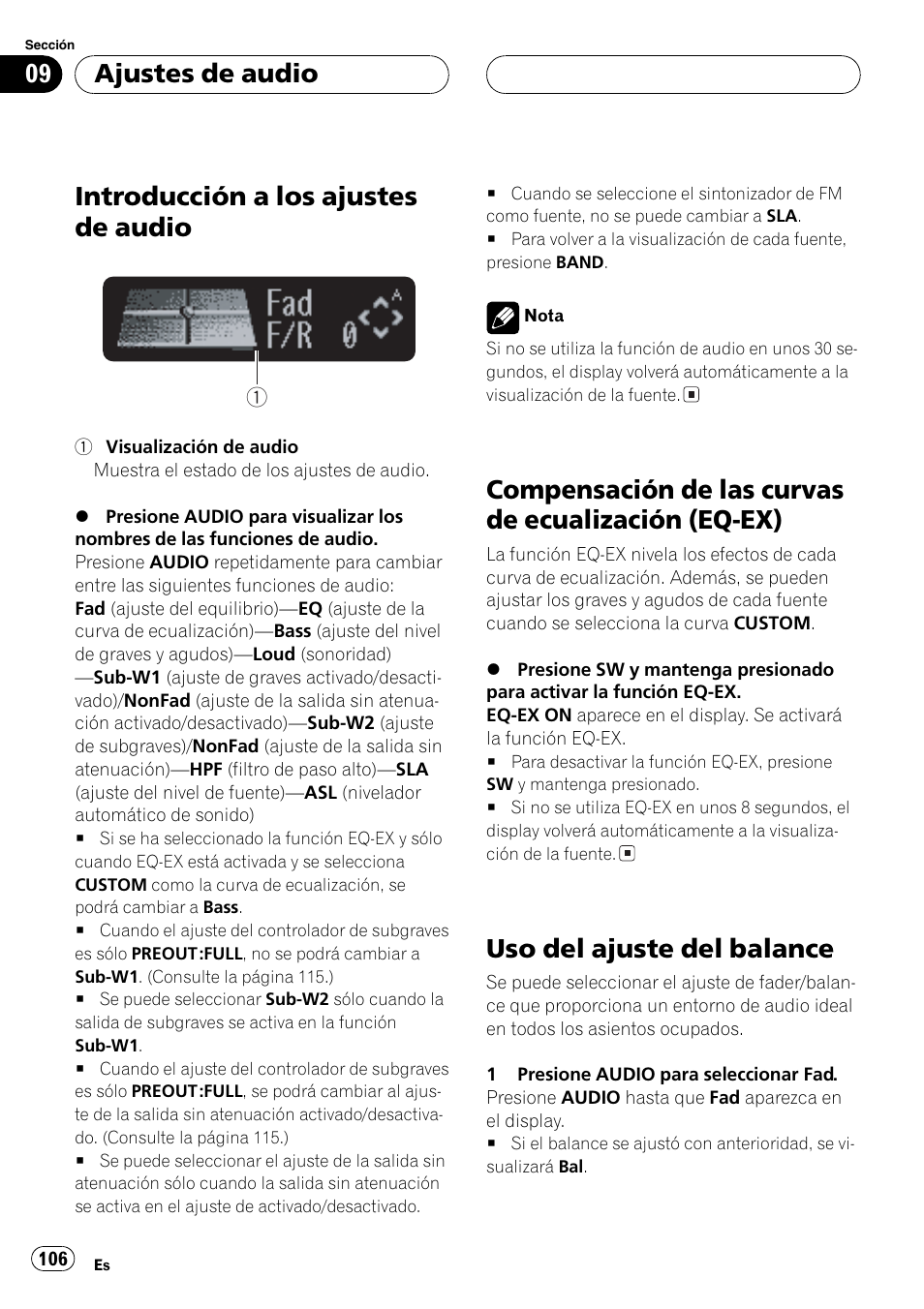 Ajustes de audio, Introducción a los ajustes de audio 106, Compensación de las curvas de ecualización | Eq-ex) 106, Uso del ajuste del balance 106, Compensación de las curvas de, Introducción a los ajustes de audio, Compensación de las curvas de ecualización (eq-ex), Uso del ajuste del balance | Pioneer DEH-P7700MP User Manual | Page 106 / 133