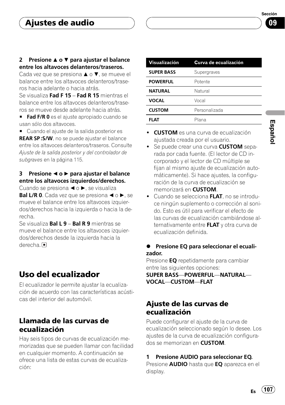 Uso del ecualizador 107, Llamada de las curvas de, Ecualización 107 | Ajuste de las curvas de, Uso del ecualizador, Ajustes de audio, Llamada de las curvas de ecualización, Ajuste de las curvas de ecualización | Pioneer DEH-P7700MP User Manual | Page 107 / 133