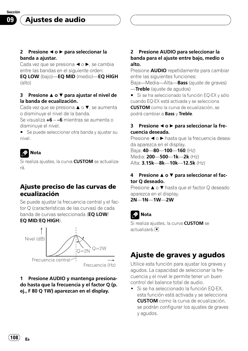 Ajuste preciso de las curvas de, Ecualización 108, Ajuste de graves y agudos 108 | Ajuste de graves y agudos, Ajustes de audio, Ajuste preciso de las curvas de ecualización | Pioneer DEH-P7700MP User Manual | Page 108 / 133