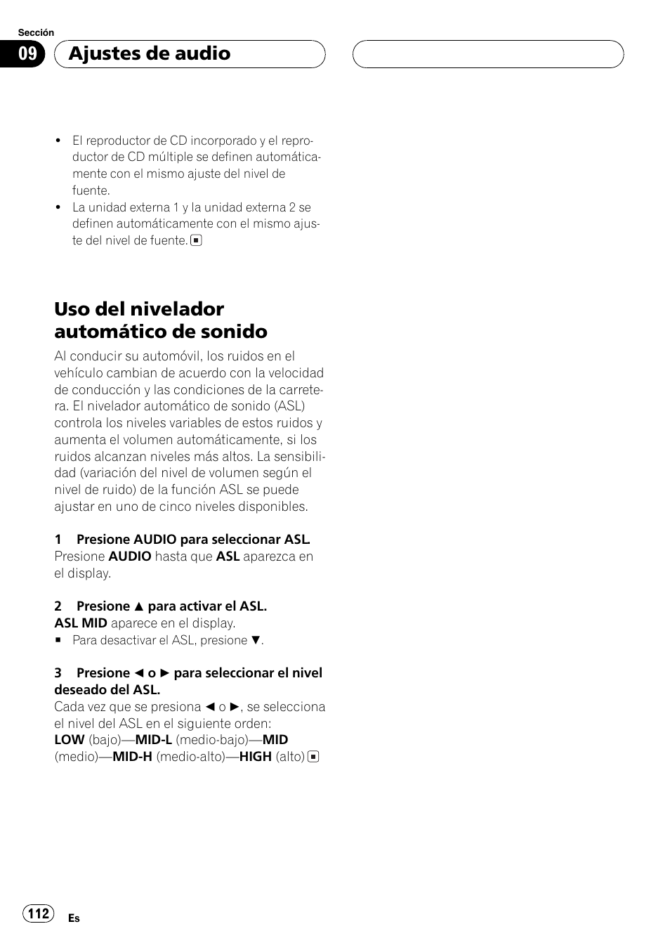 Uso del nivelador automático de sonido 112, Uso del nivelador automático de sonido, Ajustes de audio | Pioneer DEH-P7700MP User Manual | Page 112 / 133