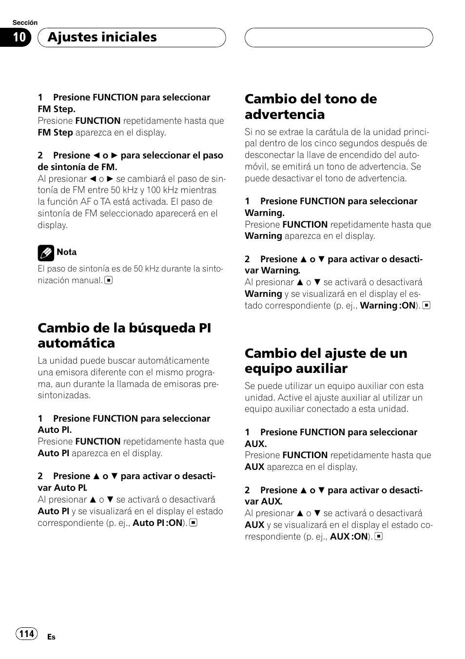 Cambio de la búsqueda pi automática 114, Cambio del tono de advertencia 114, Cambio del ajuste de un equipo | Auxiliar 114, Cambio de la búsqueda pi automática, Cambio del tono de advertencia, Cambio del ajuste de un equipo auxiliar, Ajustes iniciales | Pioneer DEH-P7700MP User Manual | Page 114 / 133