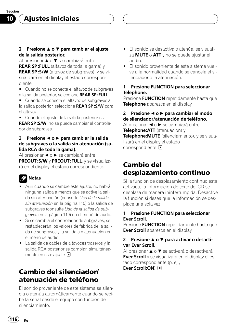 Cambio del silenciador/atenuación de, Teléfono 116, Cambio del desplazamiento continuo 116 | Cambio del silenciador/ atenuación de teléfono, Cambio del desplazamiento continuo, Ajustes iniciales | Pioneer DEH-P7700MP User Manual | Page 116 / 133