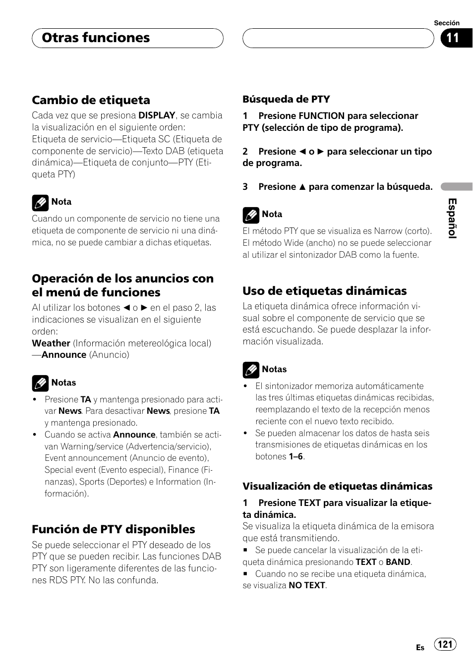 Cambio de etiqueta 121, Operación de los anuncios con el, Menú de funciones 121 | Función de pty disponibles 121, Uso de etiquetas dinámicas 121, Función de pty disponibles, La pá, Gina siguiente.), Uso de etiquetas dinámicas, Otras funciones | Pioneer DEH-P7700MP User Manual | Page 121 / 133