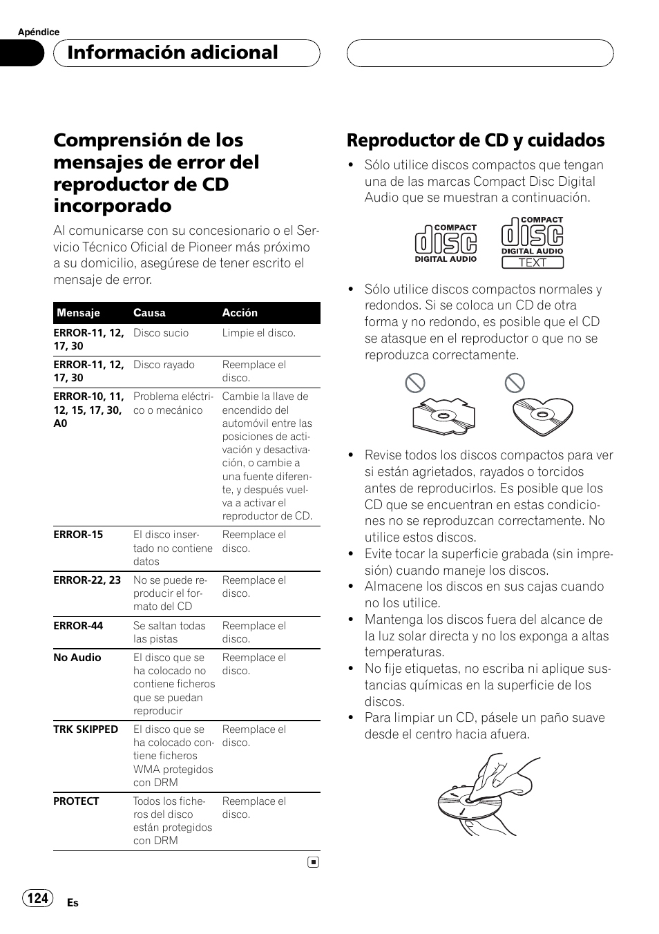 Información adicional, Comprensión de los mensajes de error del, Reproductor de cd incorporado 124 | Reproductor de cd y cuidados 124, Reproductor de cd y cuidados | Pioneer DEH-P7700MP User Manual | Page 124 / 133