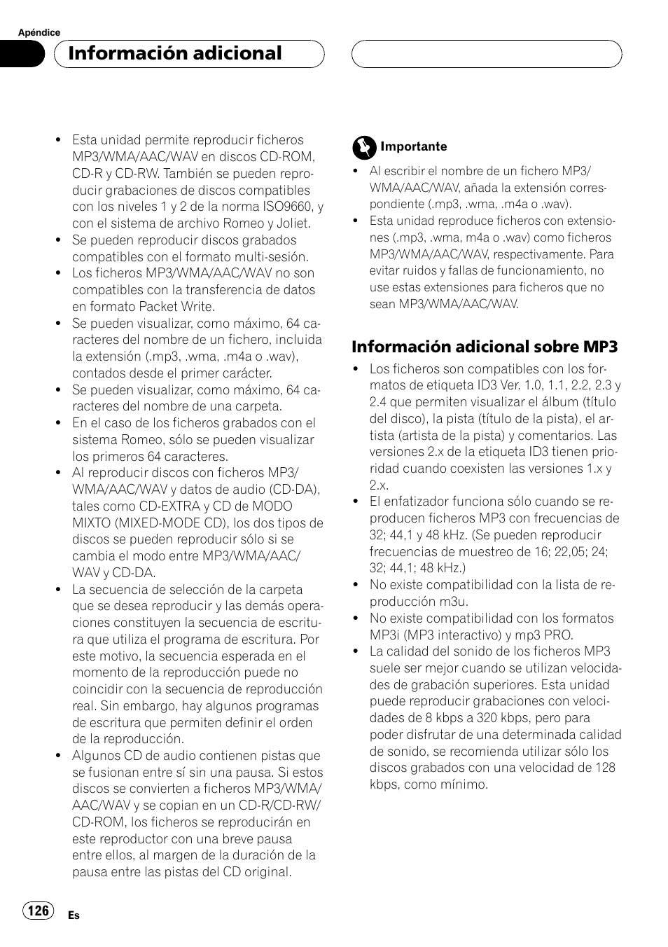 Información adicional sobre, Mp3 126, Información adicional | Información adicional sobre mp3 | Pioneer DEH-P7700MP User Manual | Page 126 / 133