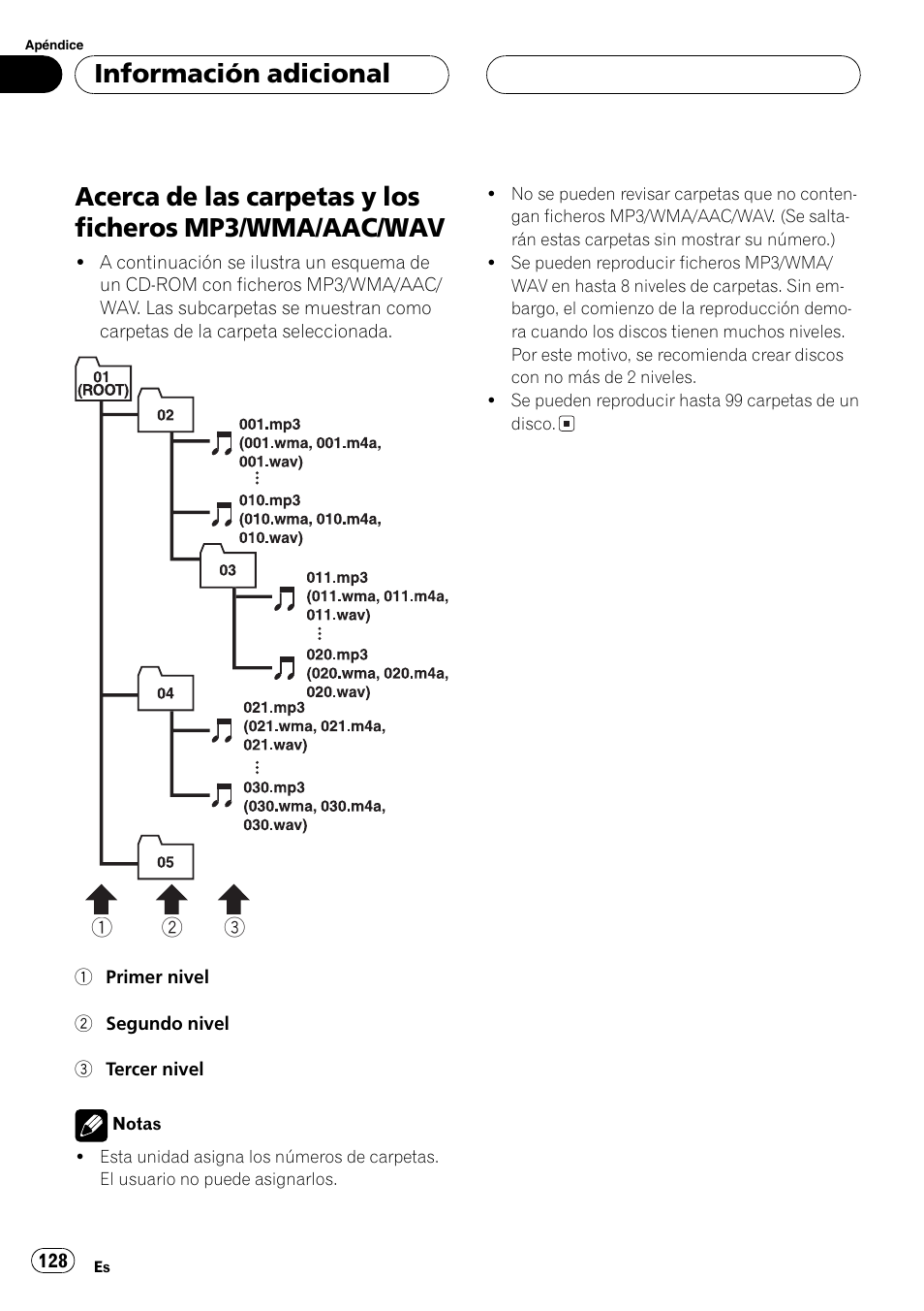 Acerca de las carpetas y los ficheros mp3, Wma/aac/wav 128, Información adicional | Pioneer DEH-P7700MP User Manual | Page 128 / 133