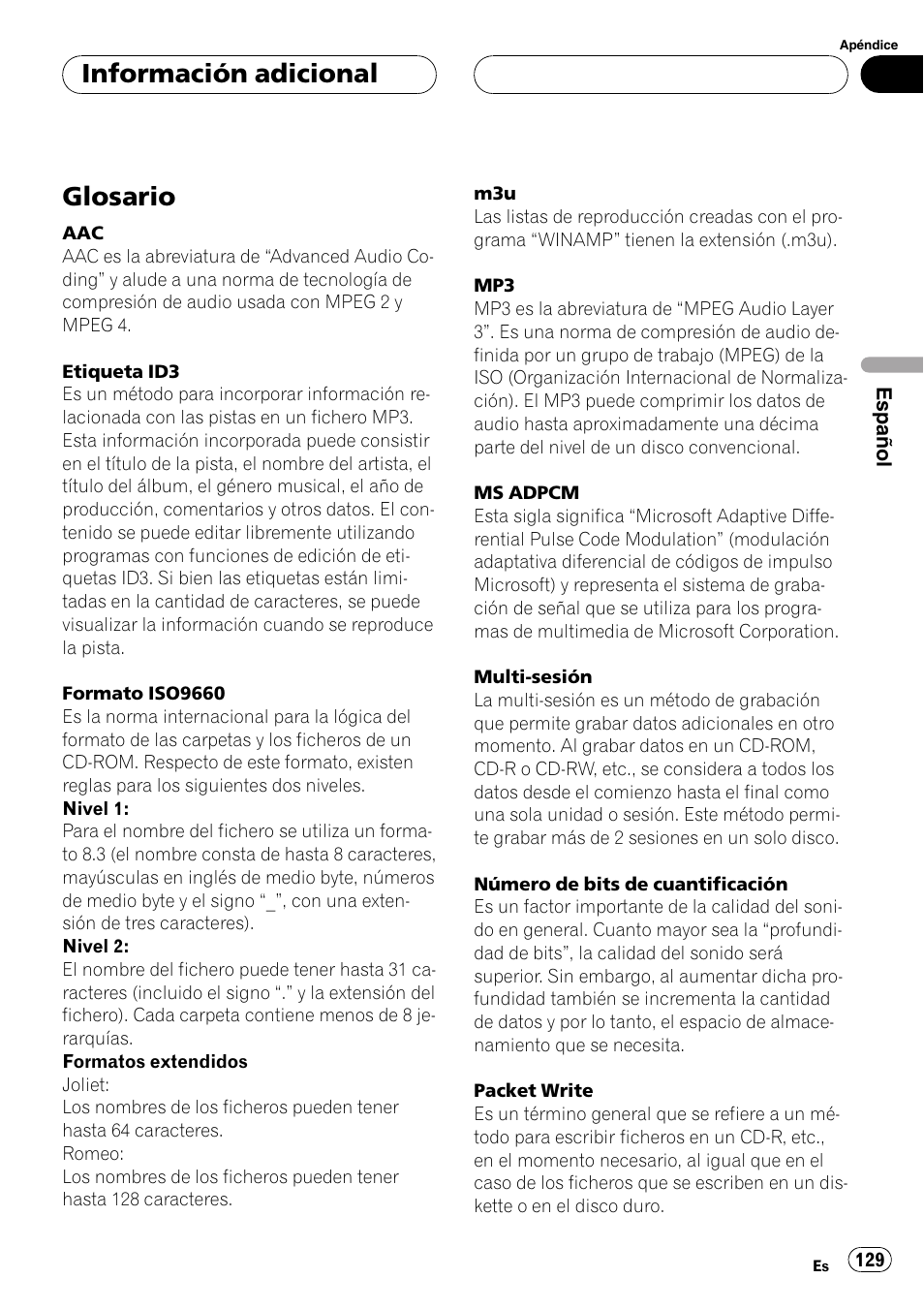Glosario 129, Glosario, Información adicional | Pioneer DEH-P7700MP User Manual | Page 129 / 133