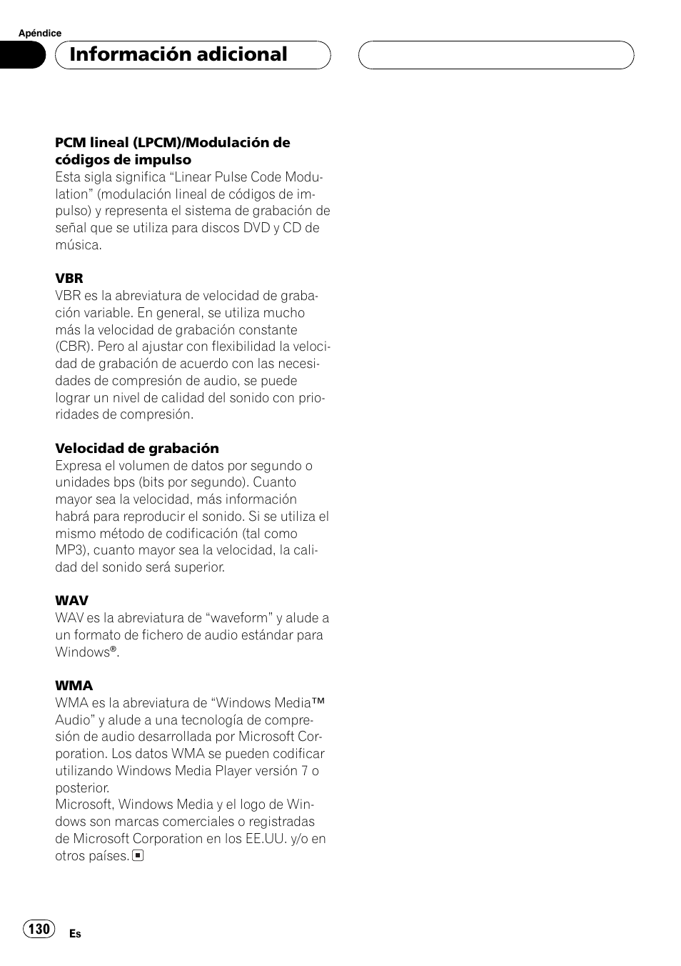 Información adicional | Pioneer DEH-P7700MP User Manual | Page 130 / 133