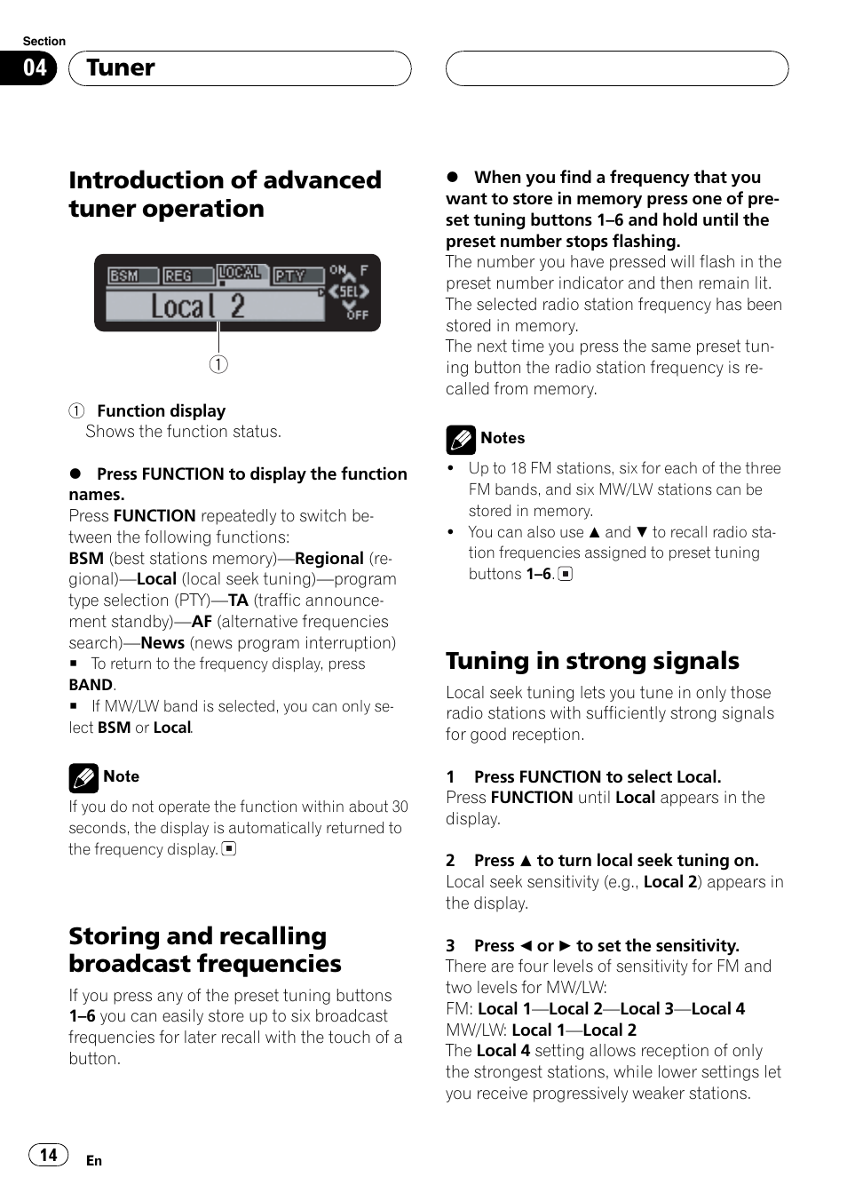 Introduction of advanced tuner, Operation 14, Storing and recalling broadcast | Frequencies 14, Tuning in strong signals 14, Introduction of advanced tuner operation, Storingand recalling broadcast frequencies, Tuningin strongsignals, Tuner | Pioneer DEH-P7700MP User Manual | Page 14 / 133