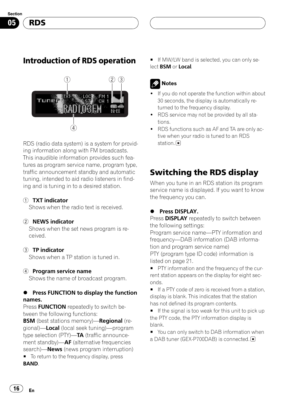 Introduction of rds operation, Switchingthe rds display | Pioneer DEH-P7700MP User Manual | Page 16 / 133