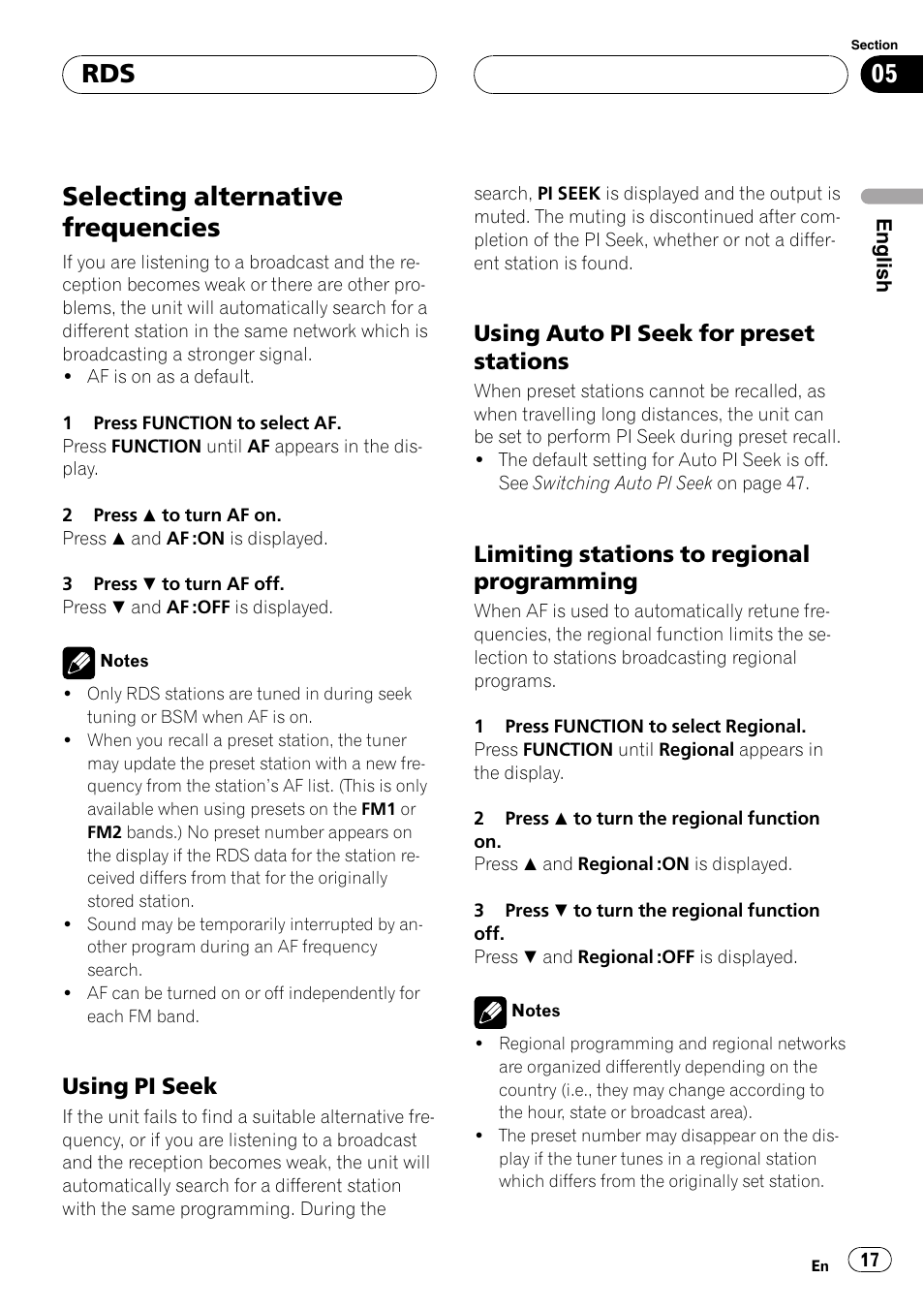 Selecting alternative frequencies 17, Using pi seek 17, Using auto pi seek for preset | Stations 17, Limiting stations to regional, Programming 17, Selectingalternative frequencies, Usingpi seek, Usingauto pi seek for preset stations, Limitingstations to regional programming | Pioneer DEH-P7700MP User Manual | Page 17 / 133