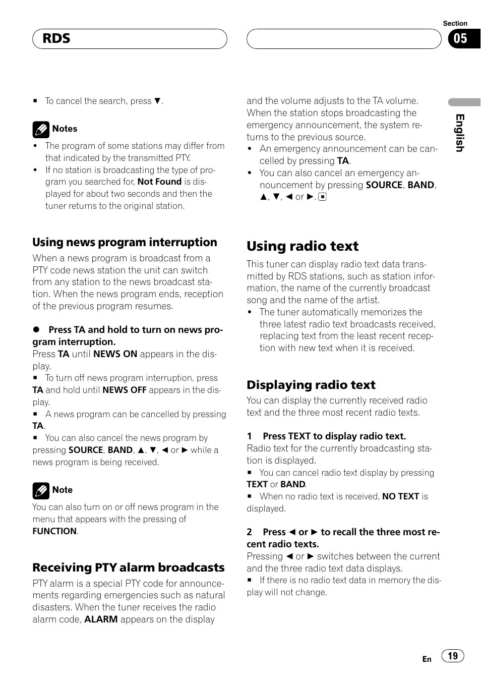 Using news program interruption 19, Receiving pty alarm broadcasts 19, Using radio text 19 | Displaying radio text 19, Usingradio text, Usingnews program interruption, Receivingpty alarm broadcasts, Displayingradio text | Pioneer DEH-P7700MP User Manual | Page 19 / 133
