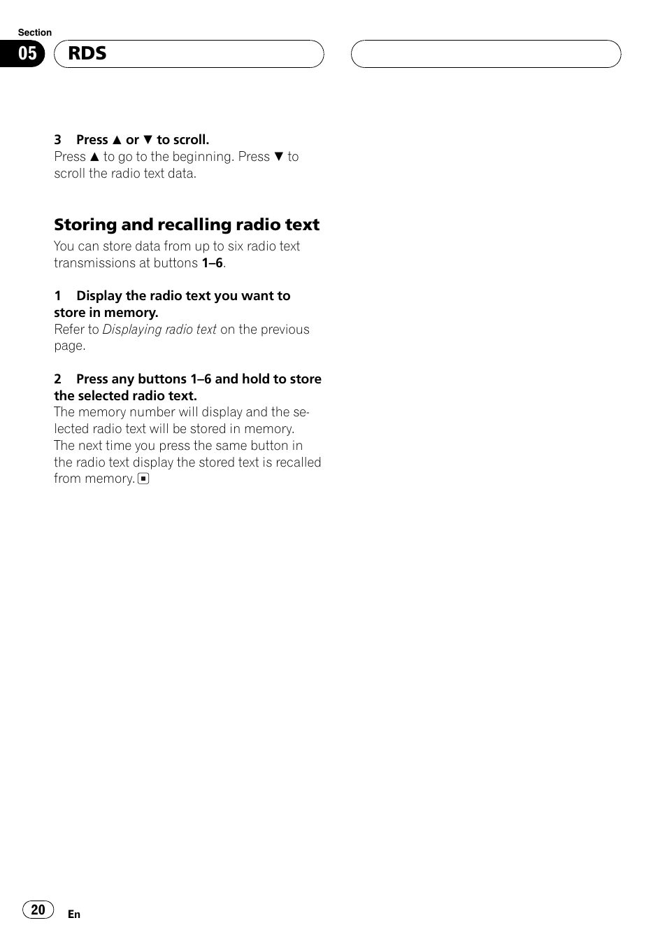 Storing and recalling radio text 20, Storingand recallingradio text | Pioneer DEH-P7700MP User Manual | Page 20 / 133