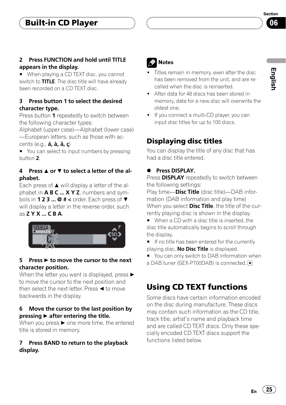 Displaying disc titles 25, Using cd text functions 25, Usingcd text functions | Built-in cd player, Displayingdisc titles | Pioneer DEH-P7700MP User Manual | Page 25 / 133