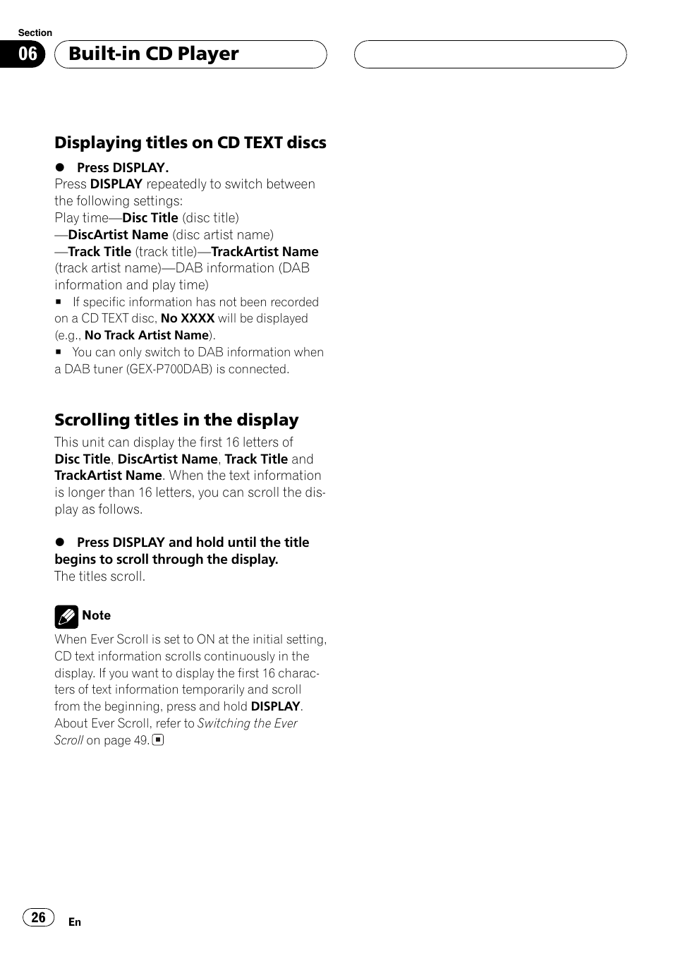 Displaying titles on cd text, Discs 26, Scrolling titles in the display 26 | Built-in cd player, Displayingtitles on cd text discs, Scrollingtitles in the display | Pioneer DEH-P7700MP User Manual | Page 26 / 133