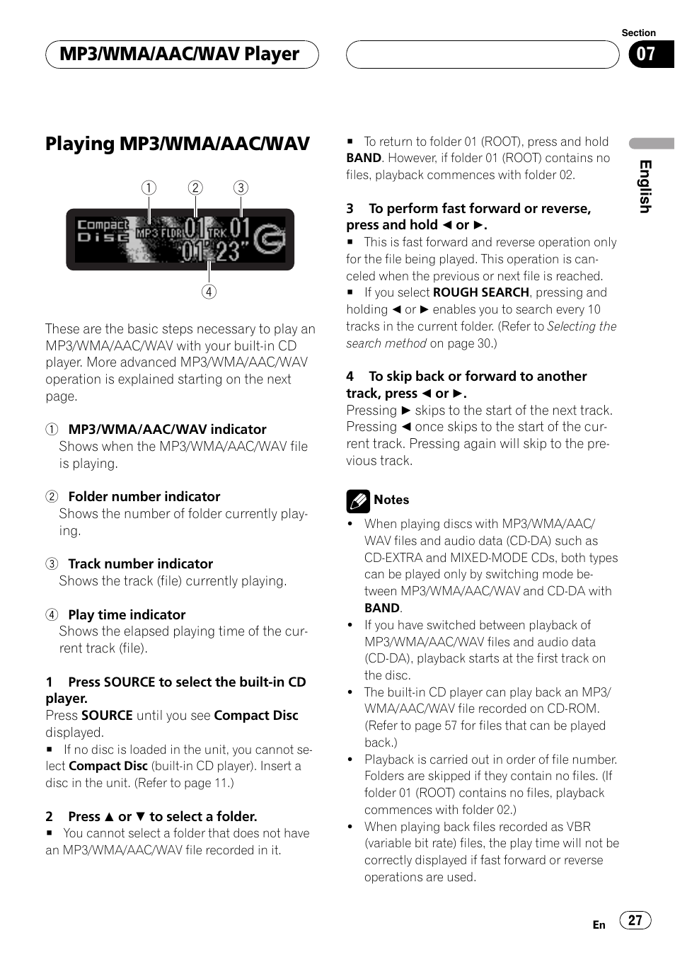 Mp3/wma/aac/wav player playing mp3/wma/aac/wav 27, Playingmp3/wma/aac/wav, Mp3/wma/aac/wav player | Pioneer DEH-P7700MP User Manual | Page 27 / 133