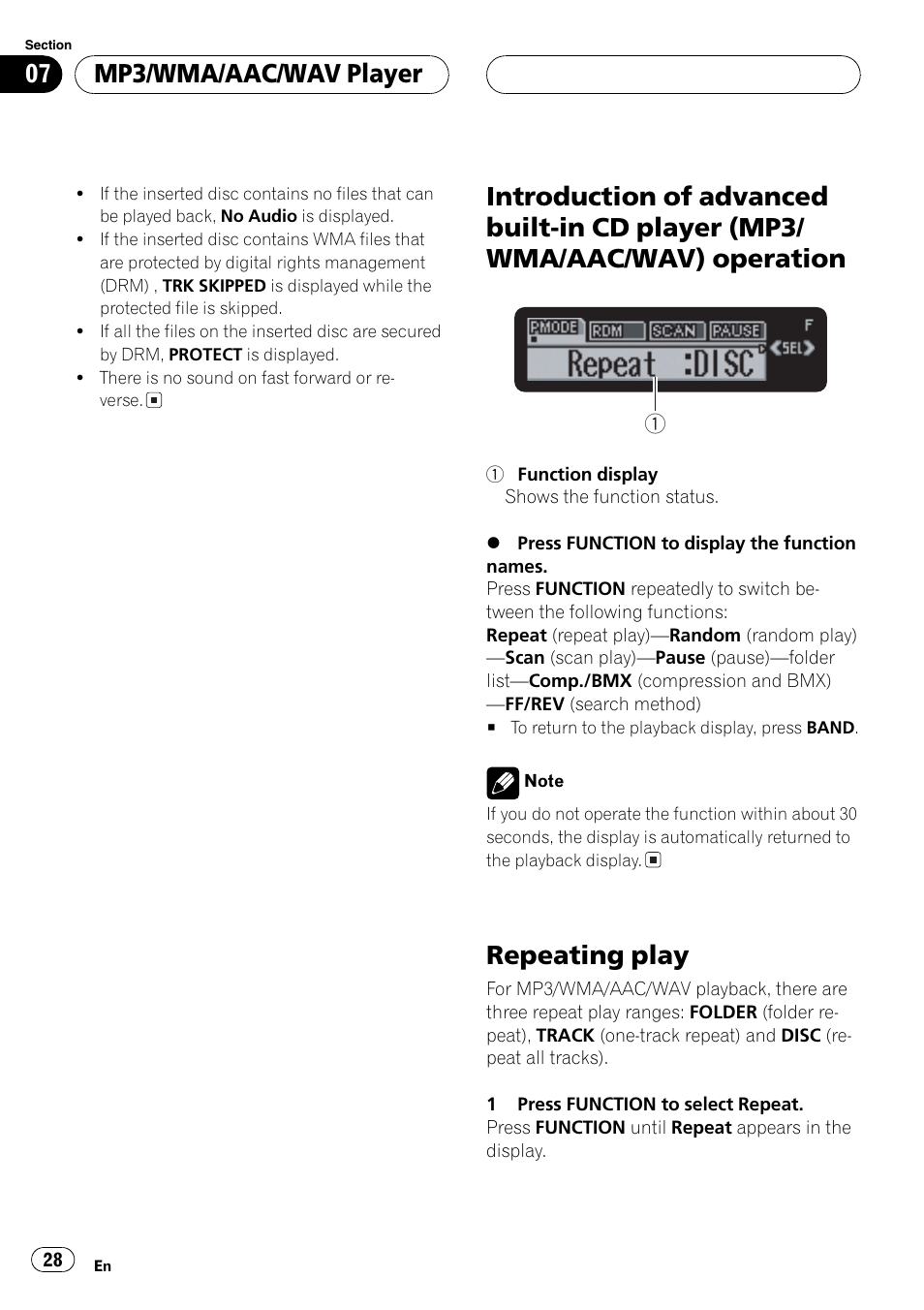 Introduction of advanced built-in cd player, Mp3/wma/aac/wav) operation 28, Repeating play 28 | The next, Repeatingplay, Mp3/wma/aac/wav player | Pioneer DEH-P7700MP User Manual | Page 28 / 133