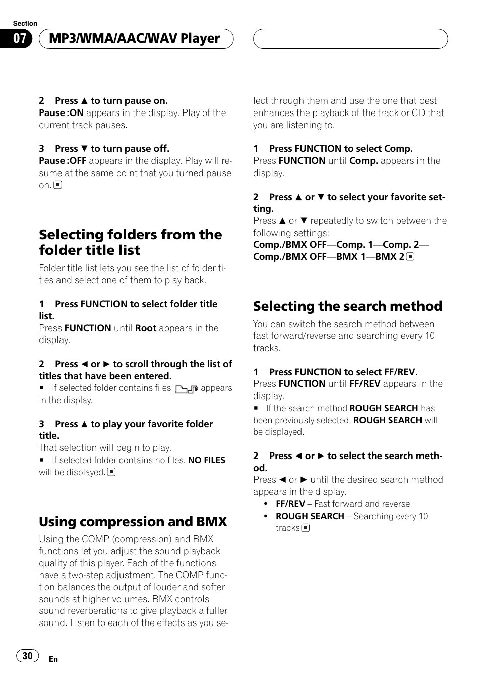 Selectingfolders from the folder title list, Usingcompression and bmx, Selectingthe search method | Mp3/wma/aac/wav player | Pioneer DEH-P7700MP User Manual | Page 30 / 133