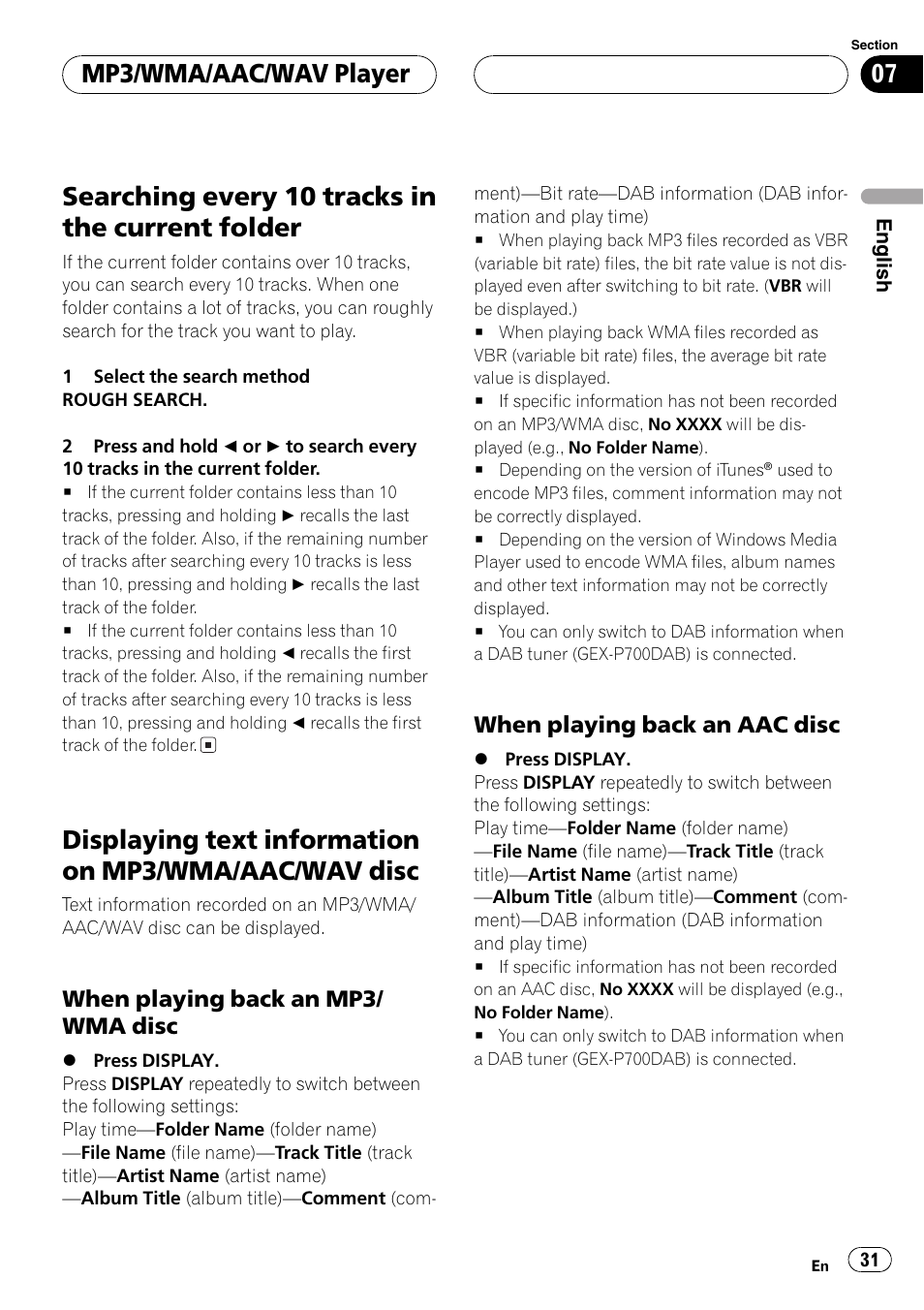 Searching every 10 tracks in the current, Folder 31, Displaying text information on mp3/wma | Aac/wav disc 31, When playing back an mp3/wma, Disc 31, When playing back an aac disc 31, Searchingevery 10 tracks in the current folder, Displayingtext information on mp3/wma/aac/wav disc, Mp3/wma/aac/wav player | Pioneer DEH-P7700MP User Manual | Page 31 / 133