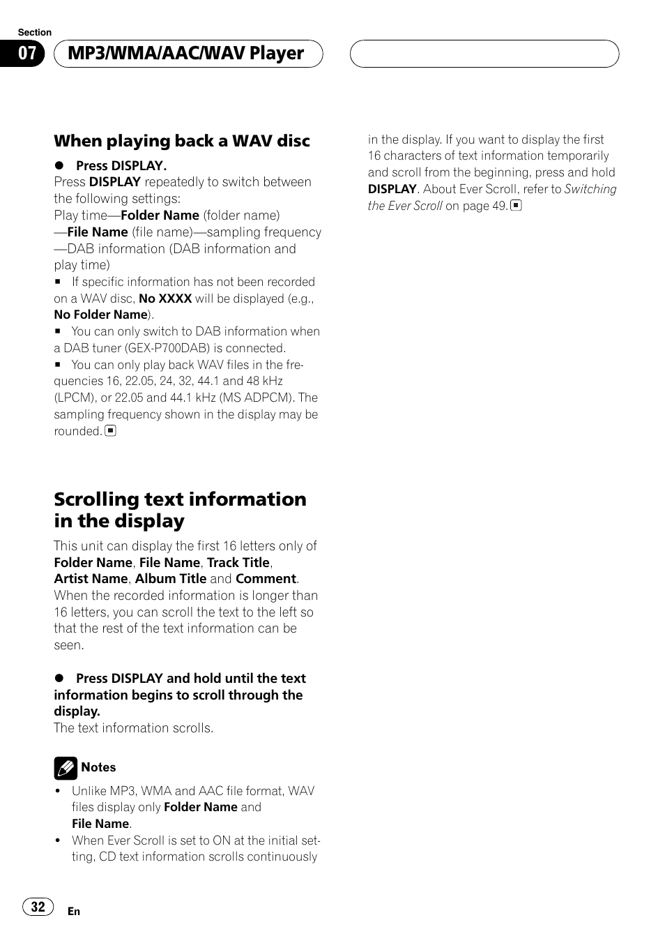 When playing back a wav disc 32, Scrolling text information in the display 32, Scrollingtext information in the display | Mp3/wma/aac/wav player | Pioneer DEH-P7700MP User Manual | Page 32 / 133
