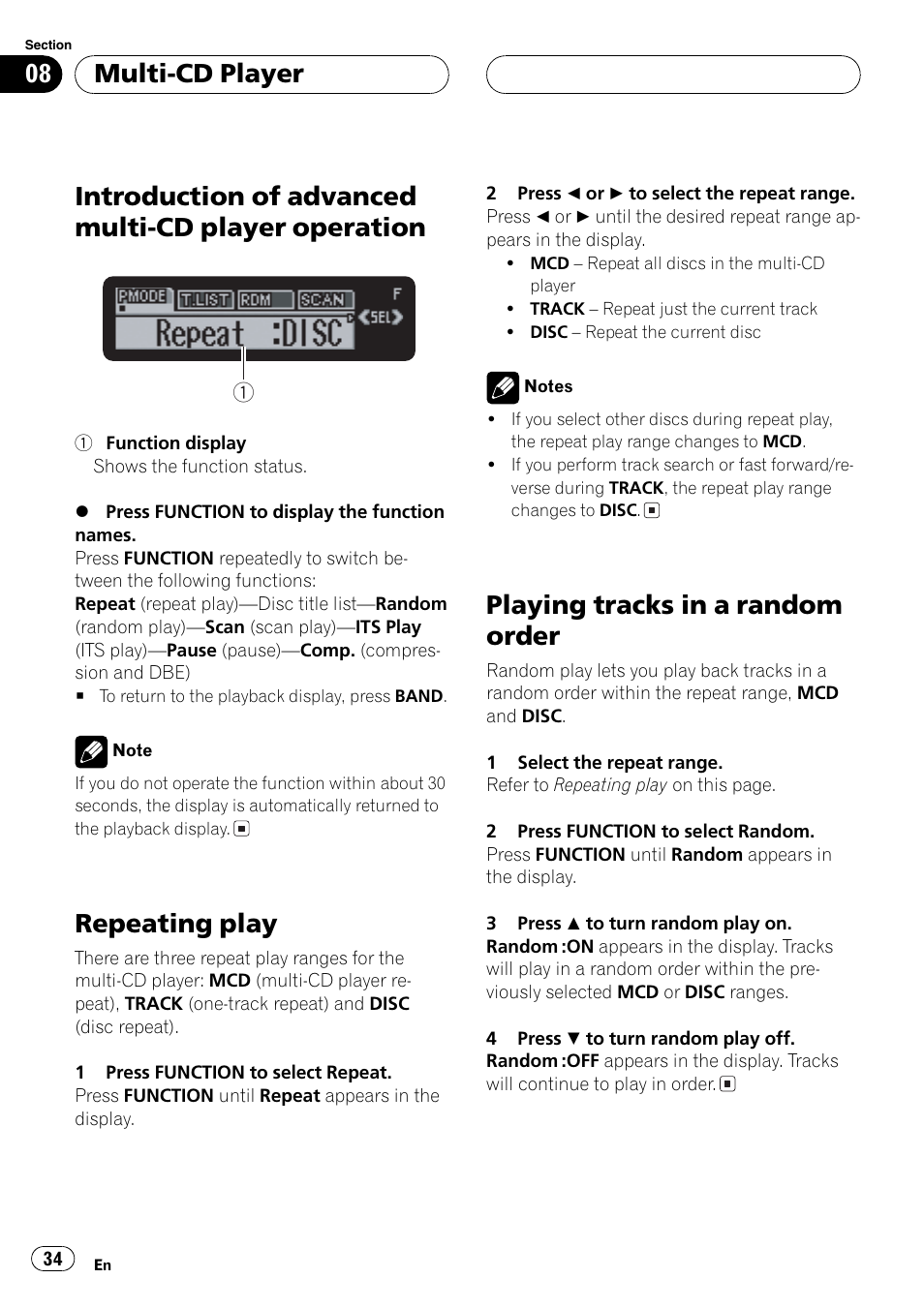 Introduction of advanced multi-cd player, Operation 34, The next | Introduction of advanced multi-cd player operation, Repeatingplay, Playingtracks in a random order, Multi-cd player | Pioneer DEH-P7700MP User Manual | Page 34 / 133