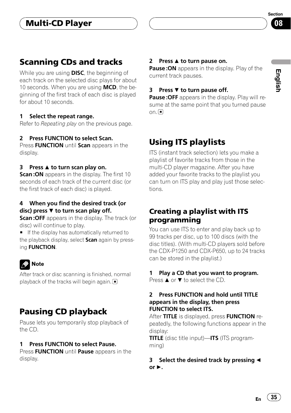 Creating a playlist with its, Programming 35, Scanningcds and tracks | Pausingcd playback, Usingits playlists, Multi-cd player | Pioneer DEH-P7700MP User Manual | Page 35 / 133