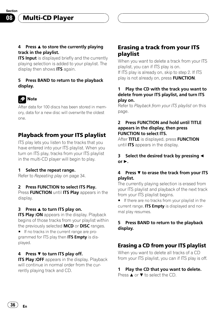 Playback from your its playlist 36, Erasing a track from your its, Playlist 36 | Erasing a cd from your its, Multi-cd player, Playback from your its playlist, Erasinga track from your its playlist, Erasinga cd from your its playlist | Pioneer DEH-P7700MP User Manual | Page 36 / 133