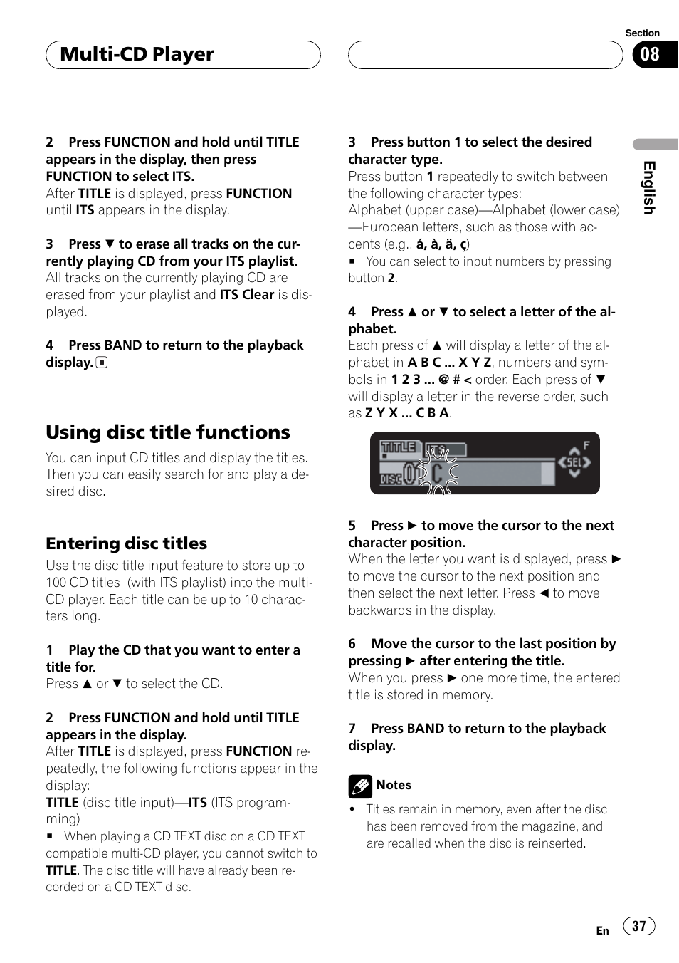 Using disc title functions 37, Entering disc titles 37, Usingdisc title functions | Multi-cd player, Enteringdisc titles | Pioneer DEH-P7700MP User Manual | Page 37 / 133