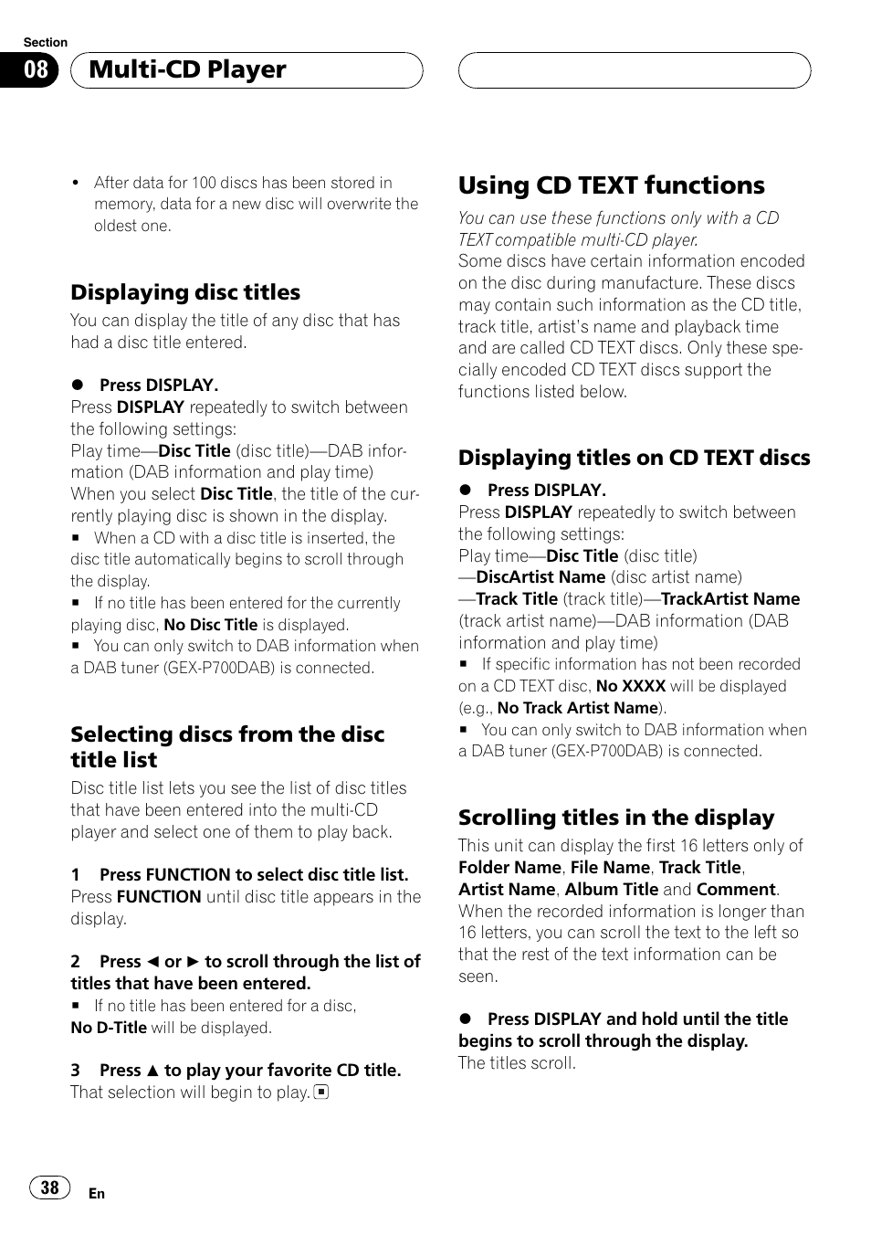 Displaying disc titles 38, Selecting discs from the disc title, List 38 | Using cd text functions 38, Displaying titles on cd text, Discs 38, Scrolling titles in the display 38, Selecting discs from the disc title list on, Usingcd text functions, Multi-cd player | Pioneer DEH-P7700MP User Manual | Page 38 / 133