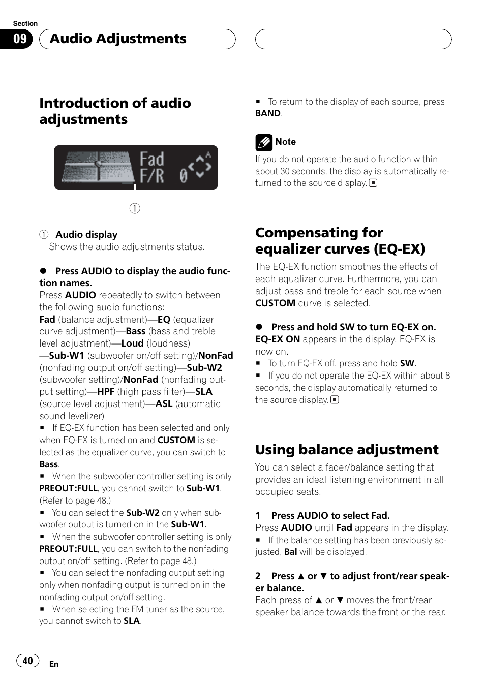 Ex) 40, Using balance adjustment 40, Compensating for equalizer | Introduction of audio adjustments, Compensatingfor equalizer curves (eq-ex), Usingbalance adjustment, Audio adjustments | Pioneer DEH-P7700MP User Manual | Page 40 / 133