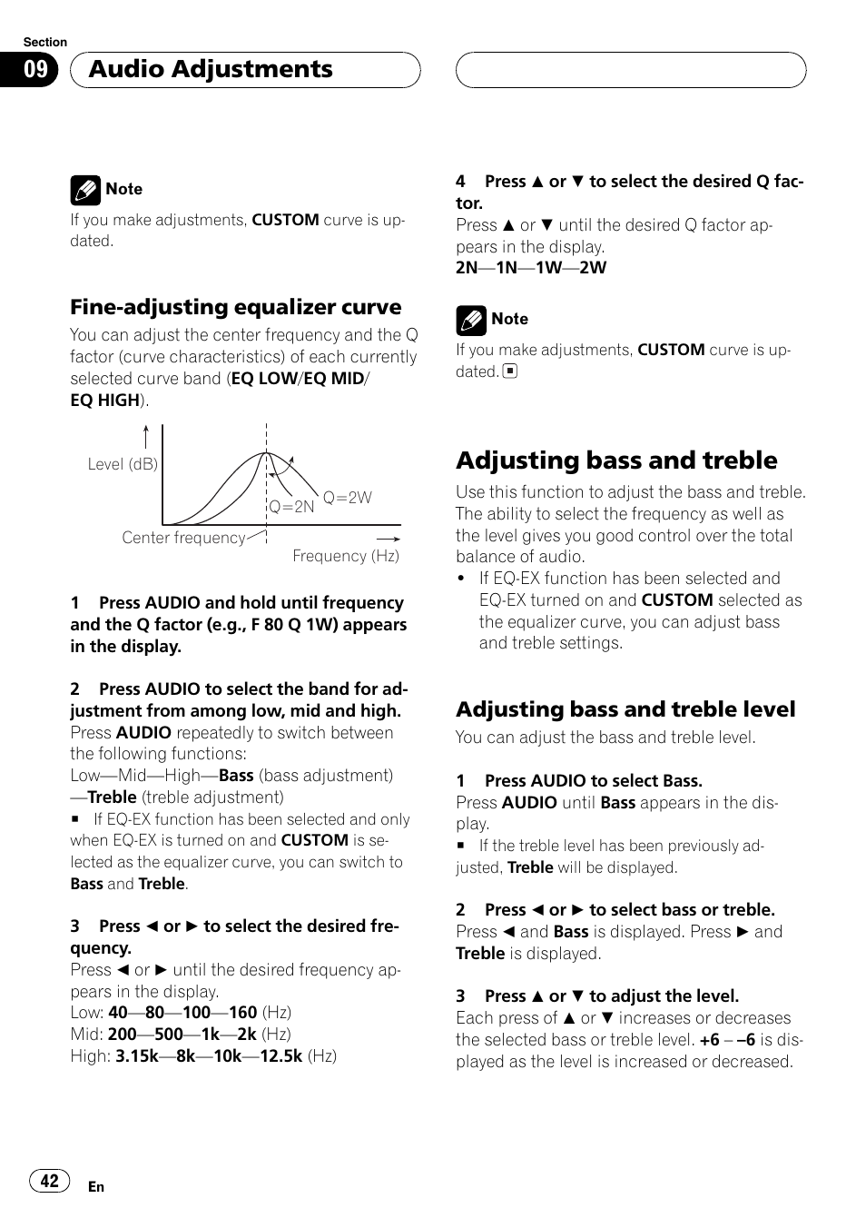 Fine-adjusting equalizer curve 42, Adjusting bass and treble 42, Adjusting bass and treble level 42 | Adjustingbass and treble, Audio adjustments, Fine-adjustingequalizer curve, Adjustingbass and treble level | Pioneer DEH-P7700MP User Manual | Page 42 / 133