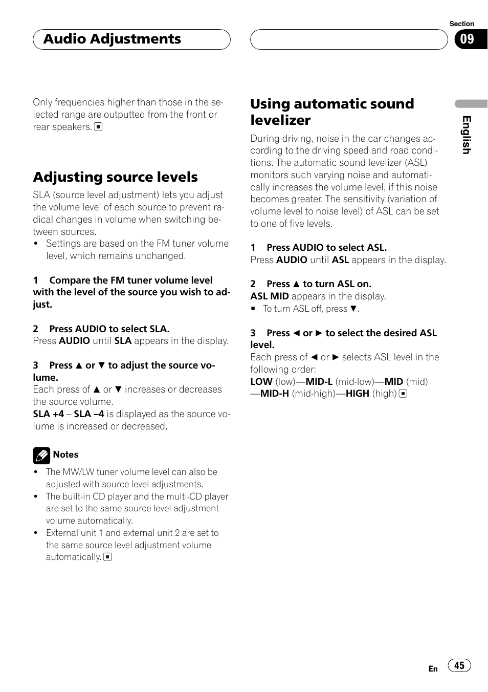 Adjustingsource levels, Usingautomatic sound levelizer, Audio adjustments | Pioneer DEH-P7700MP User Manual | Page 45 / 133