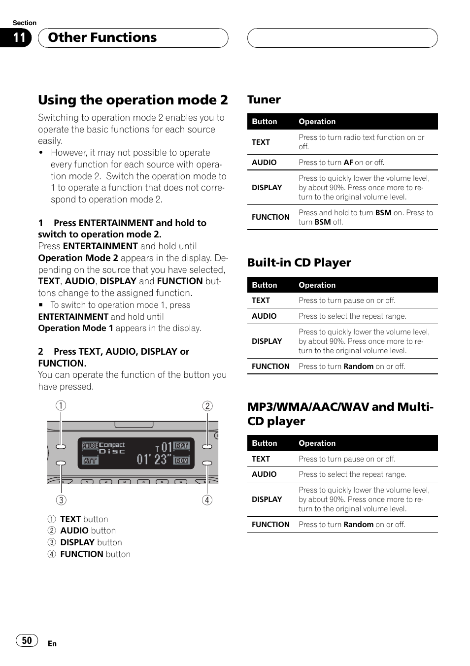 Other functions using the operation mode 2 50, Tuner 50, Built-in cd player 50 | Mp3/wma/aac/wav and multi-cd, Player 50, Usingthe operation mode 2, Other functions, Tuner, Built-in cd player, Mp3/wma/aac/wav and multi- cd player | Pioneer DEH-P7700MP User Manual | Page 50 / 133