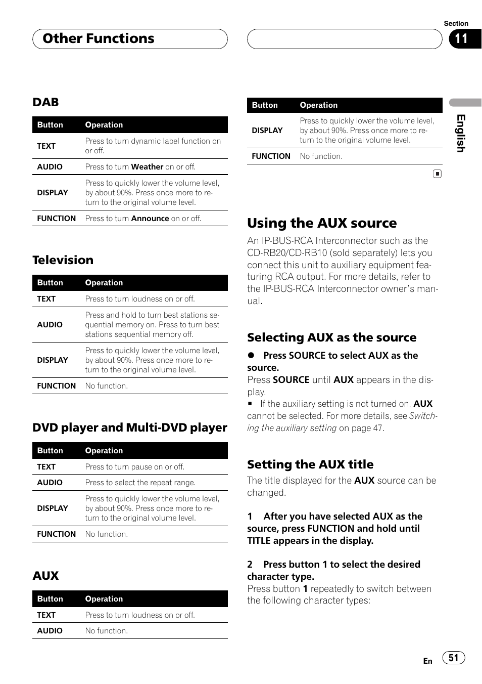 Dab 51, Television 51, Dvd player and multi-dvd player 51 | Aux 51, Using the aux source 51, Selecting aux as the source 51, Setting the aux title 51, Usingthe aux source, Other functions, Television | Pioneer DEH-P7700MP User Manual | Page 51 / 133