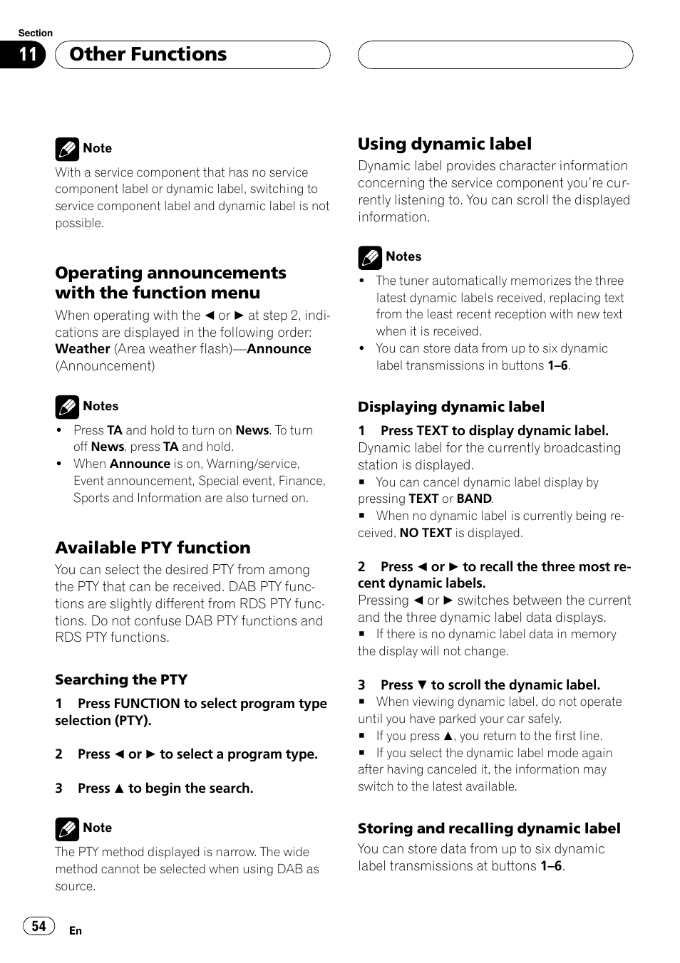 Operating announcements with the, Function menu 54, Available pty function 54 | Using dynamic label 54, Available pty function, The next, Using dynamic label, Other functions, Operatingannouncements with the function menu, Usingdynamic label | Pioneer DEH-P7700MP User Manual | Page 54 / 133