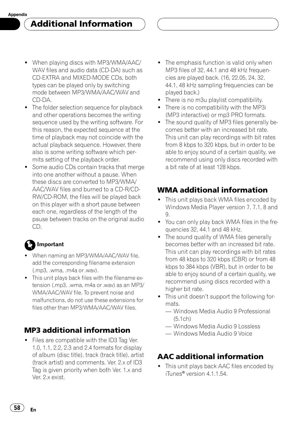 Mp3 additional information 58, Wma additional information 58, Aac additional information 58 | Additional information, Mp3 additional information, Wma additional information, Aac additional information | Pioneer DEH-P7700MP User Manual | Page 58 / 133