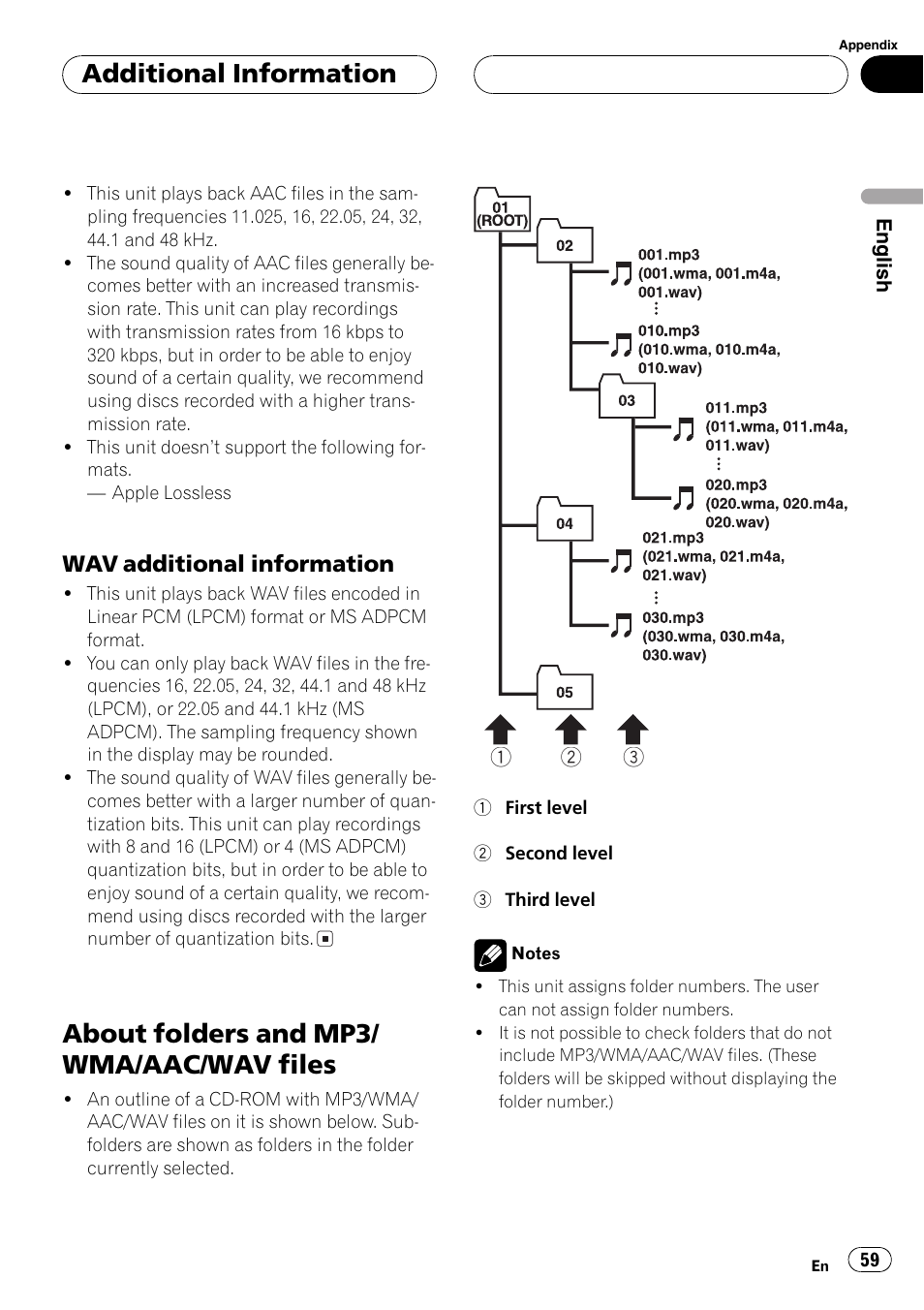 Wav additional information 59, About folders and mp3/wma/aac/wav, Files 59 | About folders and mp3/ wma/aac/wav files, Additional information, Wav additional information | Pioneer DEH-P7700MP User Manual | Page 59 / 133